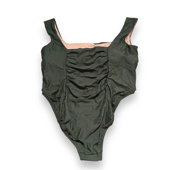J. Crew Ruched Square Neck One Piece Swimsuit in Safari Green Sz 22 NEW - Picture 2 of 7